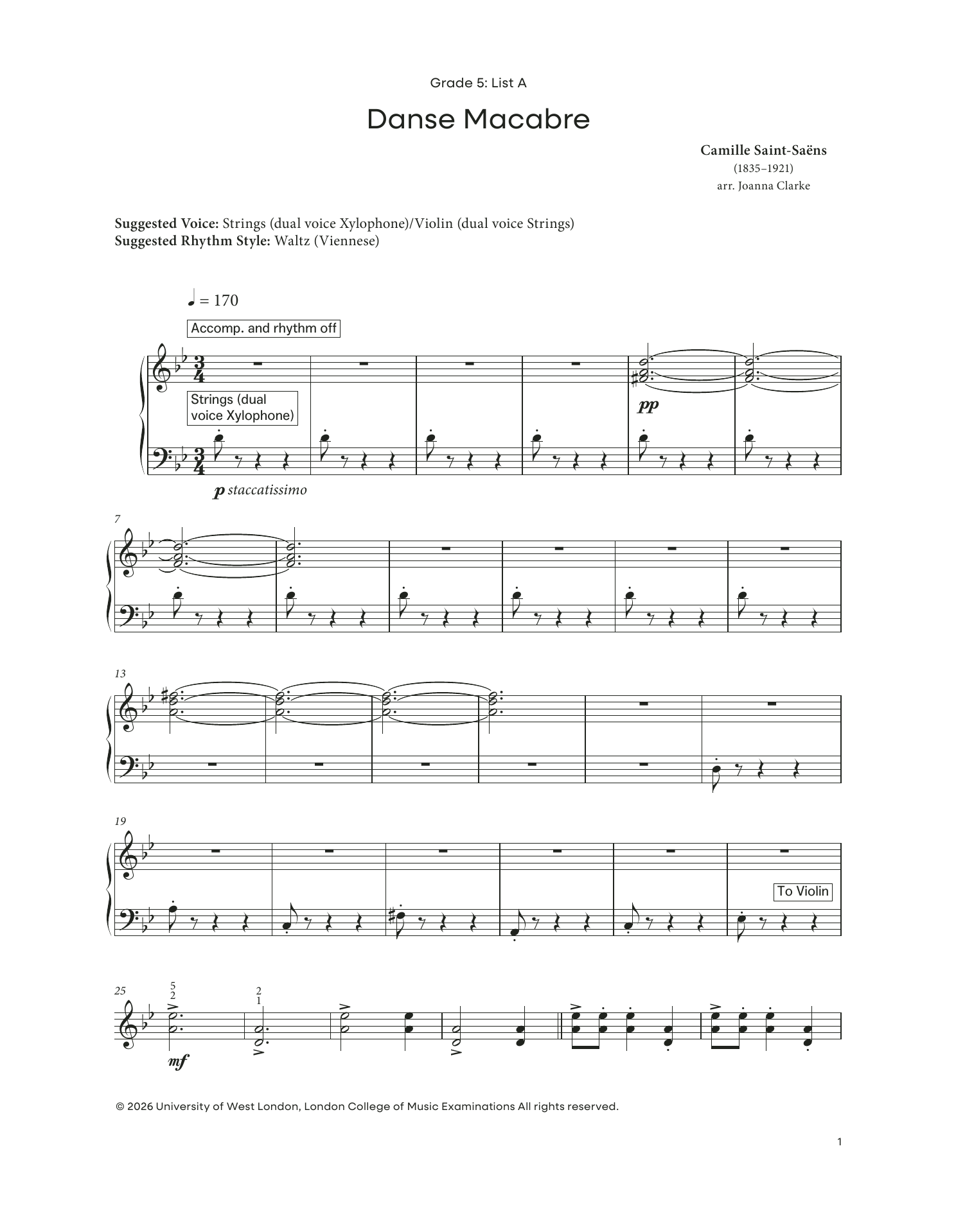 Camille Saint-Saëns Danse Macabre (from LCME Electronic Keyboard Grade 5 List A) sheet music notes and chords arranged for Piano Solo