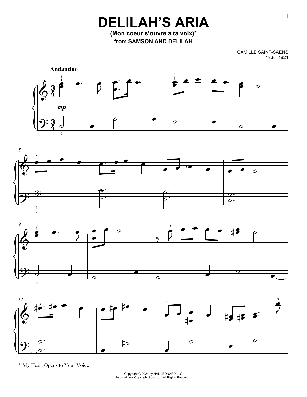 Camille Saint-Saens Delilah's Aria (Mon Coeur S'Ouvre A Ta Voix) sheet music notes and chords arranged for Easy Piano