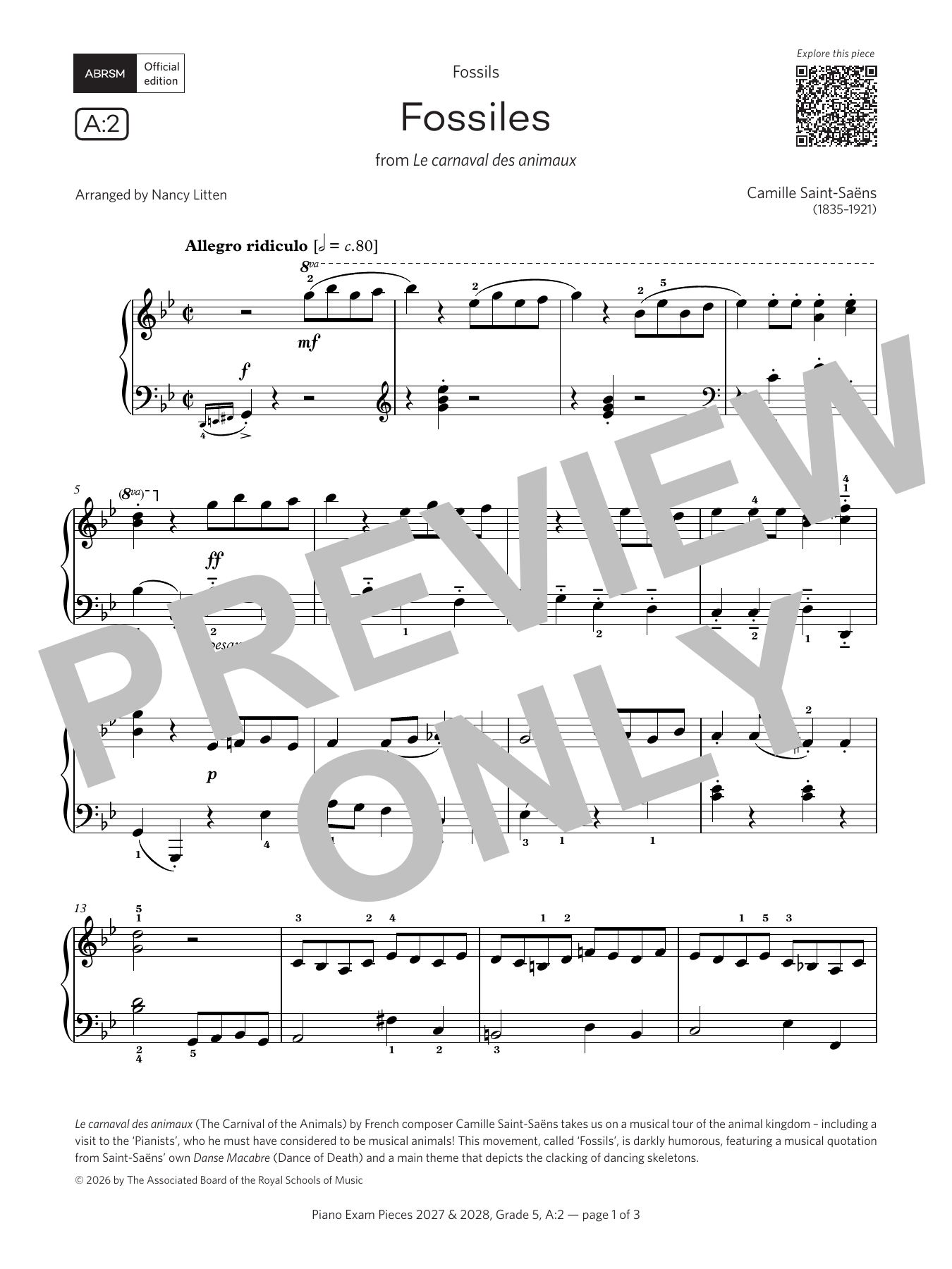 Camille Saint-Saëns Fossiles (Grade 5, list A2, from the ABRSM Piano Syllabus 2027 & 2028) sheet music notes and chords arranged for Piano Solo