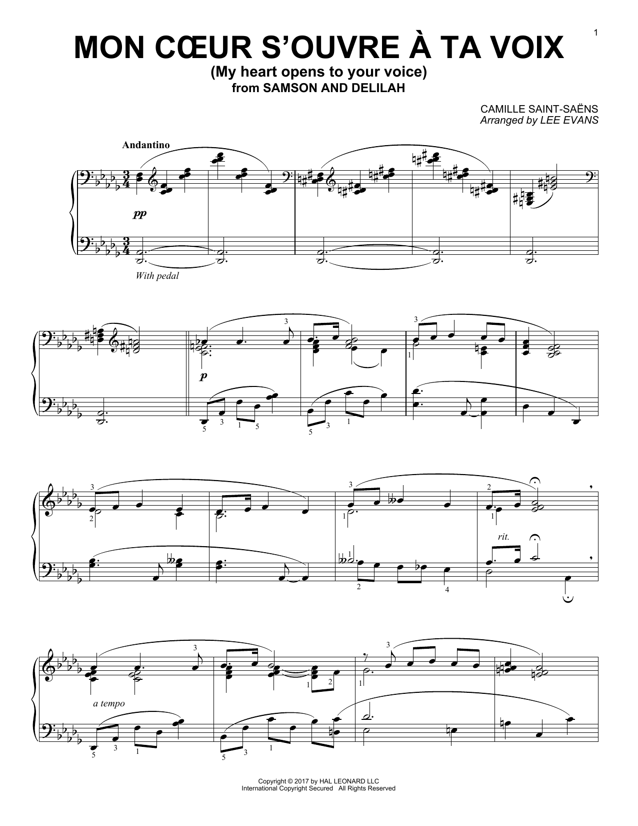 Camille Saint-Saëns Mon Coeur S'ouvre A Ta Voix (arr. Lee Evans) sheet music notes and chords arranged for Piano Solo
