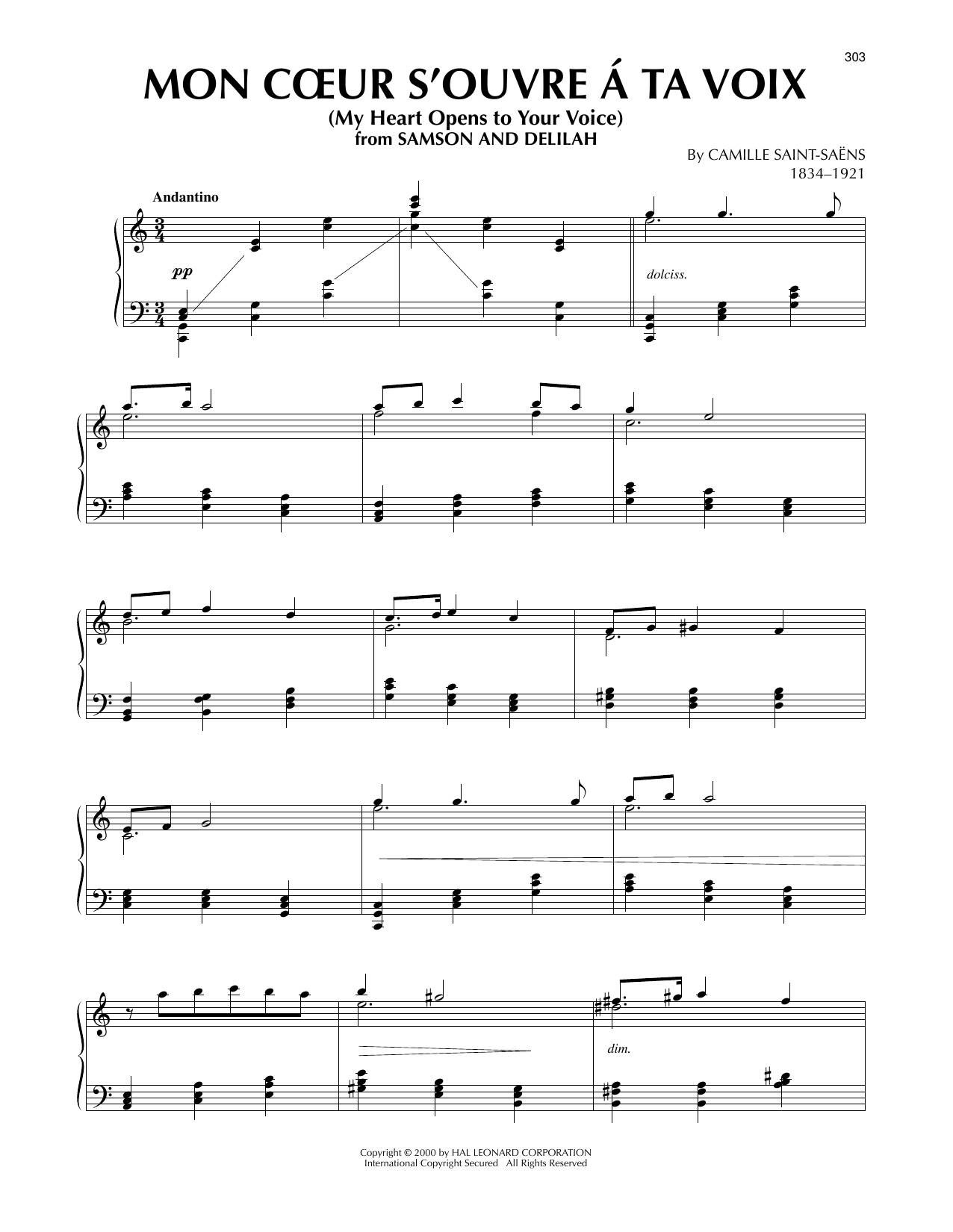 Camille Saint-Saens Mon Coeur S'Ouvre A Ta Voix sheet music notes and chords arranged for Piano Solo