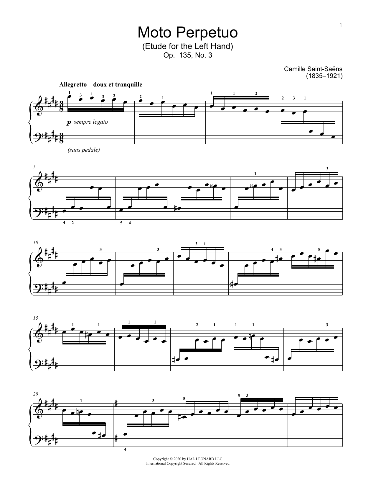Camille Saint-Saens Moto Perpetuo, Op. 135, No. 3 sheet music notes and chords arranged for Educational Piano