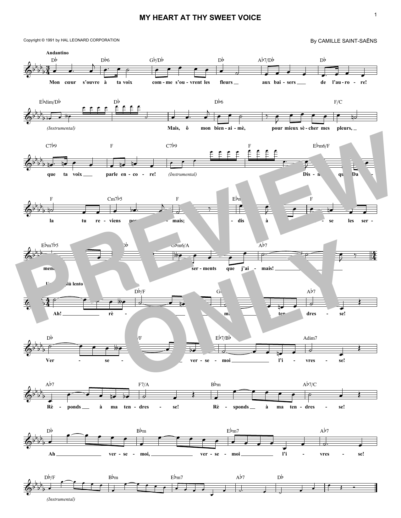 Camille Saint-Saens My Heart At Thy Sweet Voice sheet music notes and chords arranged for Lead Sheet / Fake Book