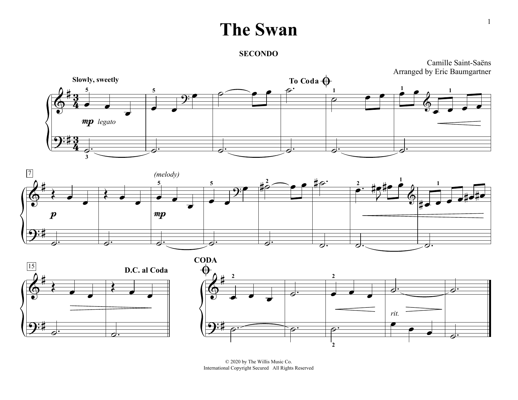 Camille Saint-Saens The Swan (arr. Eric Baumgartner) sheet music notes and chords arranged for Piano Duet