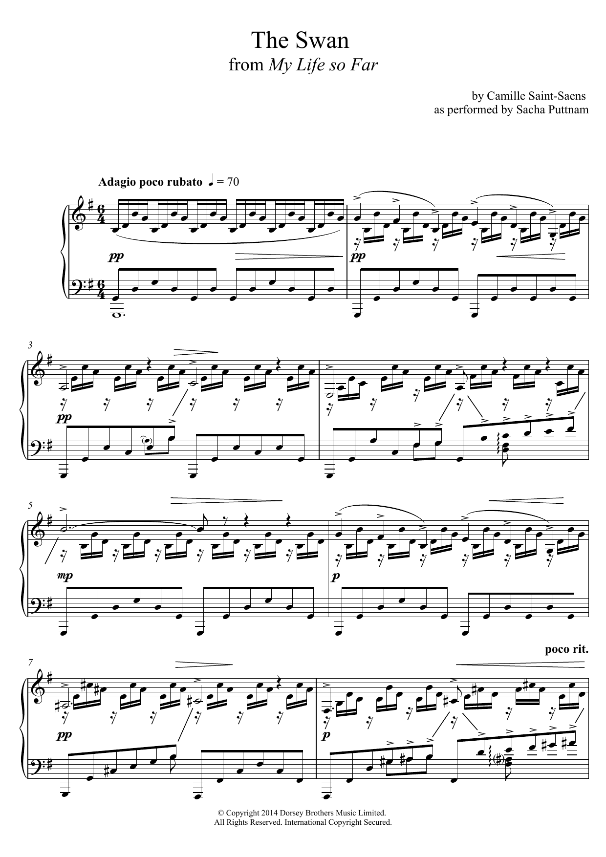 Camille Saint-Saëns The Swan (as performed by Sacha Puttnam) sheet music notes and chords arranged for Piano Solo