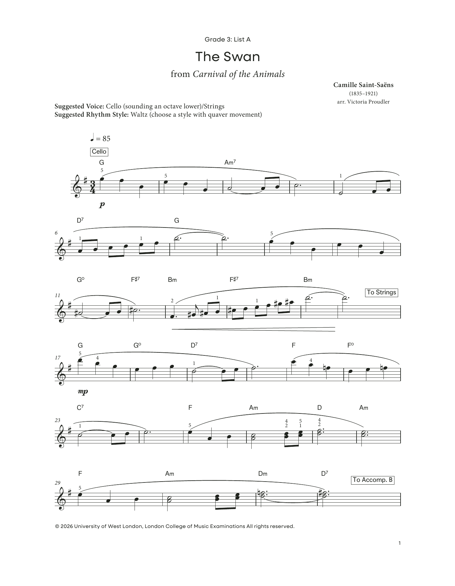 Camille Saint-Saëns The Swan (from LCME Electronic Keyboard Grade 3 List A) sheet music notes and chords arranged for Piano Solo