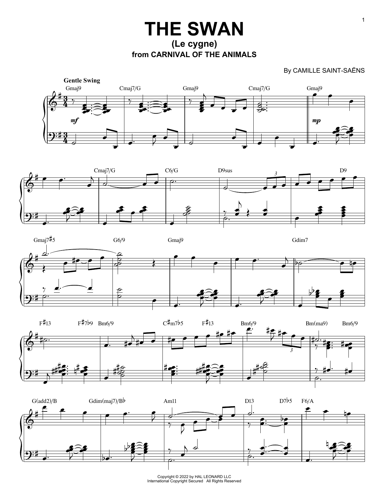 Camille Saint-Saens The Swan (Le Cygne) [Jazz version] (arr. Brent Edstrom) sheet music notes and chords arranged for Piano Solo