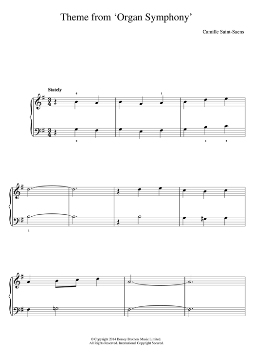 Camille Saint-Saens 'Organ' Symphony (Theme) sheet music notes and chords arranged for Beginner Piano