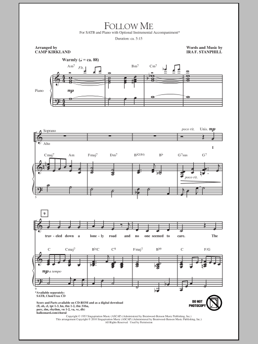 Camp Kirkland Follow Me sheet music notes and chords arranged for SATB Choir