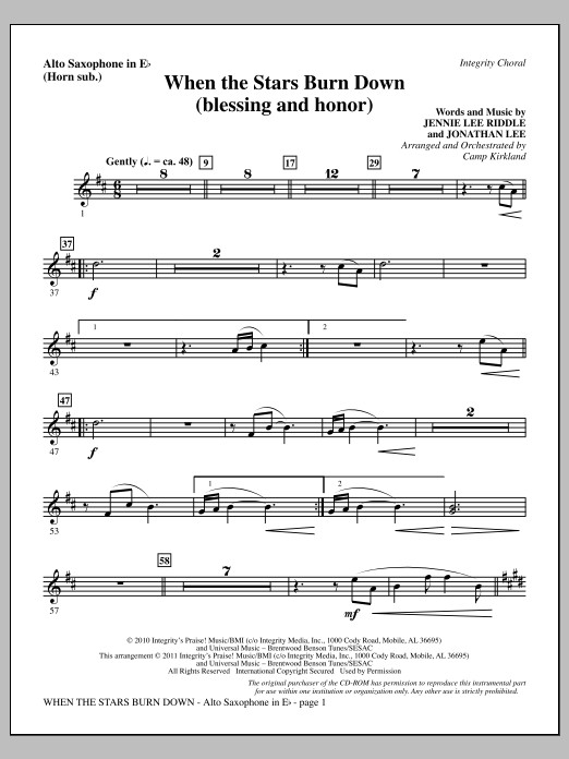 Camp Kirkland When The Stars Burn Down (Blessing And Honor) - Alto Sax (sub. Horn) sheet music notes and chords arranged for Choir Instrumental Pak