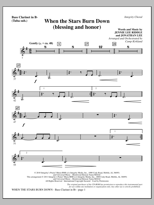 Camp Kirkland When The Stars Burn Down (Blessing And Honor) - Bass Clarinet (sub. Tuba) sheet music notes and chords arranged for Choir Instrumental Pak