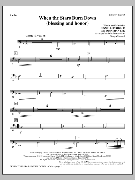 Camp Kirkland When The Stars Burn Down (Blessing And Honor) - Cello sheet music notes and chords arranged for Choir Instrumental Pak