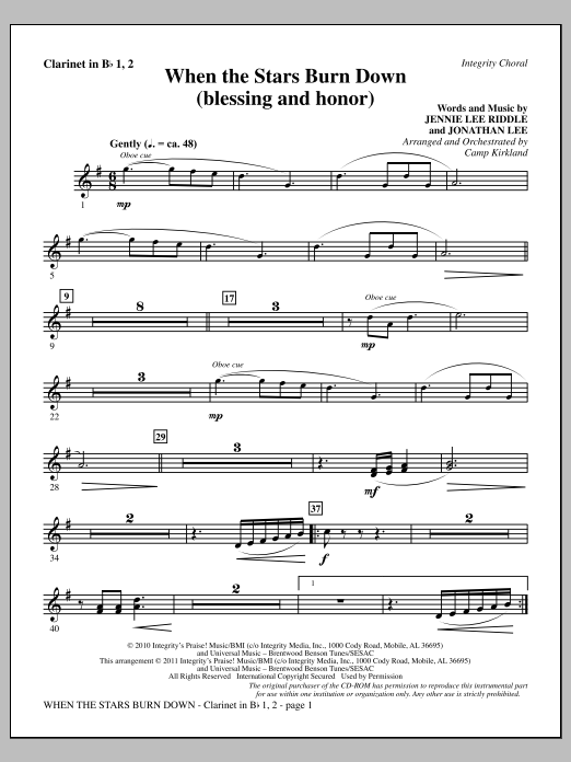 Camp Kirkland When The Stars Burn Down (Blessing And Honor) - Clarinet 1 & 2 sheet music notes and chords arranged for Choir Instrumental Pak