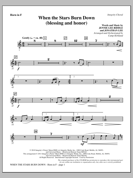 Camp Kirkland When The Stars Burn Down (Blessing And Honor) - F Horn sheet music notes and chords arranged for Choir Instrumental Pak