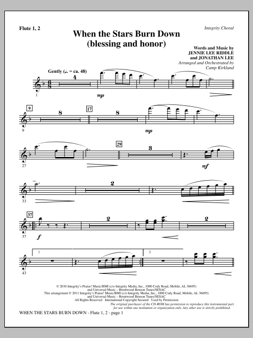 Camp Kirkland When The Stars Burn Down (Blessing And Honor) - Flute 1 & 2 sheet music notes and chords arranged for Choir Instrumental Pak
