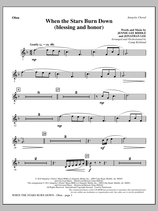 Camp Kirkland When The Stars Burn Down (Blessing And Honor) - Oboe sheet music notes and chords arranged for Choir Instrumental Pak