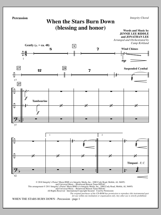 Camp Kirkland When The Stars Burn Down (Blessing And Honor) - Percussion sheet music notes and chords arranged for Choir Instrumental Pak