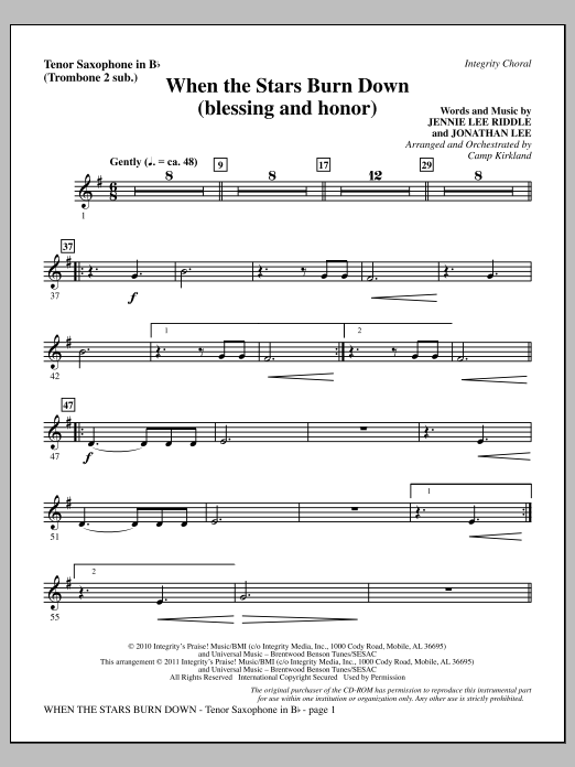 Camp Kirkland When The Stars Burn Down (Blessing And Honor) - Tenor Sax (sub. Tbn 2) sheet music notes and chords arranged for Choir Instrumental Pak