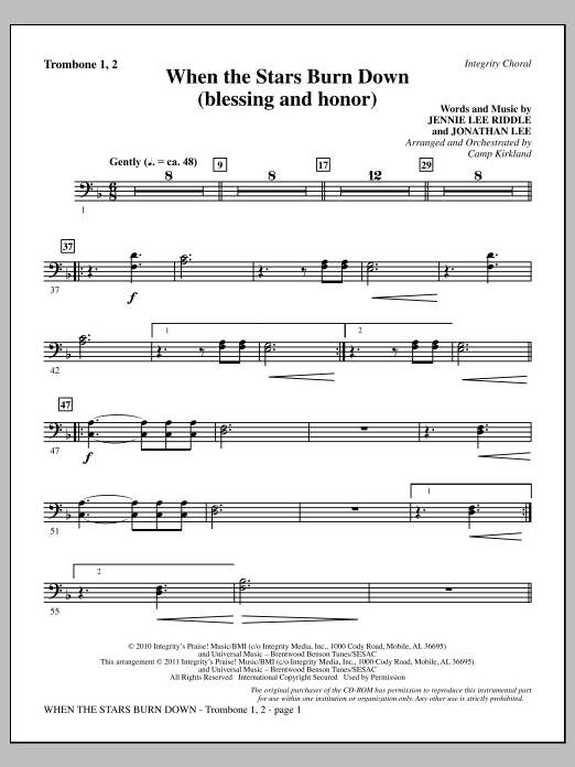 Camp Kirkland When The Stars Burn Down (Blessing And Honor) - Trombone 1 & 2 sheet music notes and chords arranged for Choir Instrumental Pak