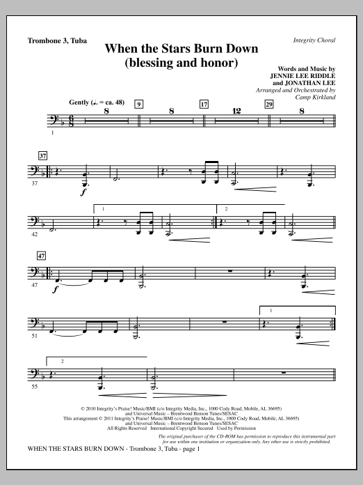 Camp Kirkland When The Stars Burn Down (Blessing And Honor) - Trombone 3/Tuba sheet music notes and chords arranged for Choir Instrumental Pak