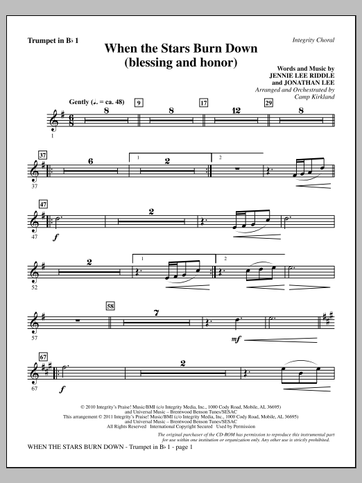 Camp Kirkland When The Stars Burn Down (Blessing And Honor) - Trumpet 1 sheet music notes and chords arranged for Choir Instrumental Pak
