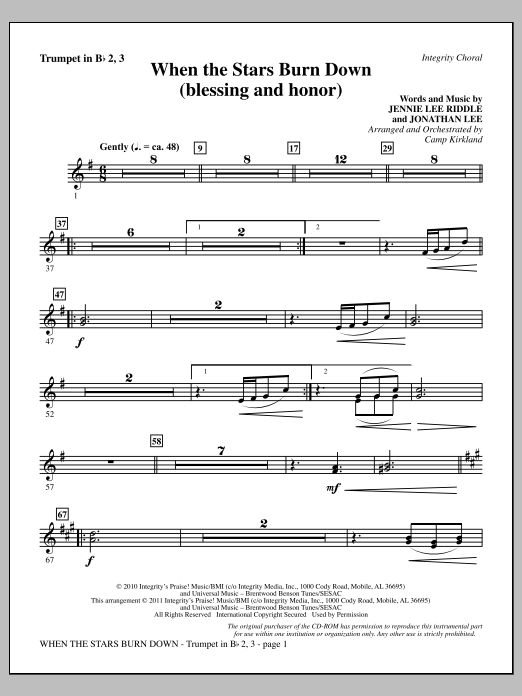 Camp Kirkland When The Stars Burn Down (Blessing And Honor) - Trumpet 2 & 3 sheet music notes and chords arranged for Choir Instrumental Pak