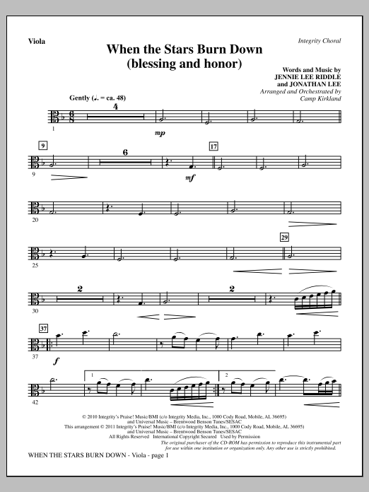 Camp Kirkland When The Stars Burn Down (Blessing And Honor) - Viola sheet music notes and chords arranged for Choir Instrumental Pak