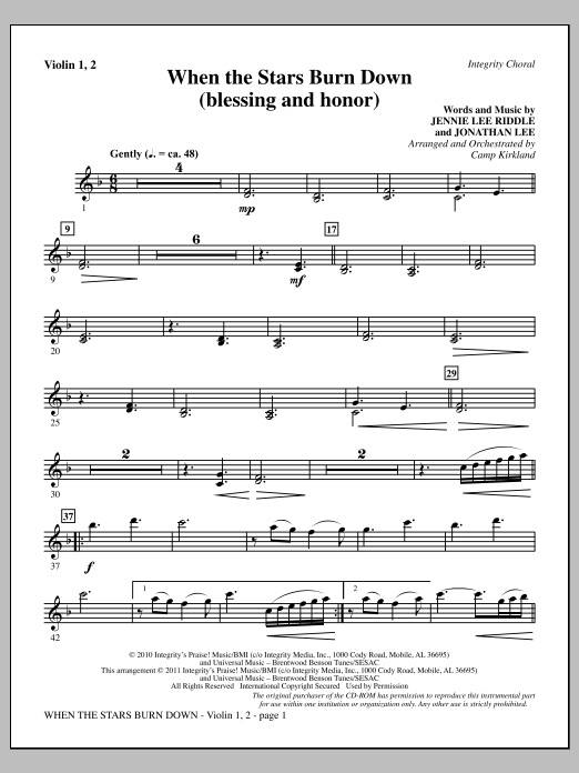 Camp Kirkland When The Stars Burn Down (Blessing And Honor) - Violin 1, 2 sheet music notes and chords arranged for Choir Instrumental Pak