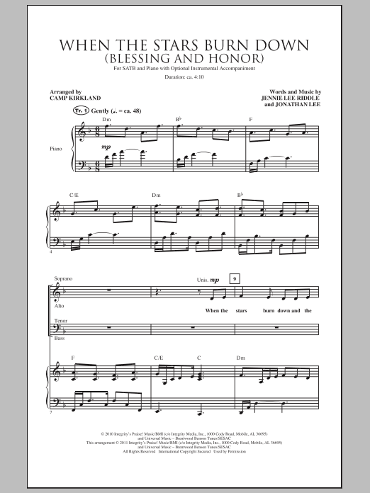 Camp Kirkland When The Stars Burn Down (Blessing And Honor) sheet music notes and chords arranged for SATB Choir