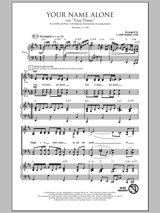 Camp Kirkland Your Name Alone (with Your Name) sheet music notes and chords arranged for SATB Choir