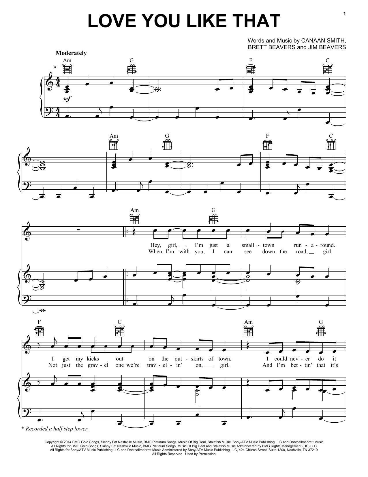 Canaan Smith Love You Like That sheet music notes and chords arranged for Piano, Vocal & Guitar Chords (Right-Hand Melody)