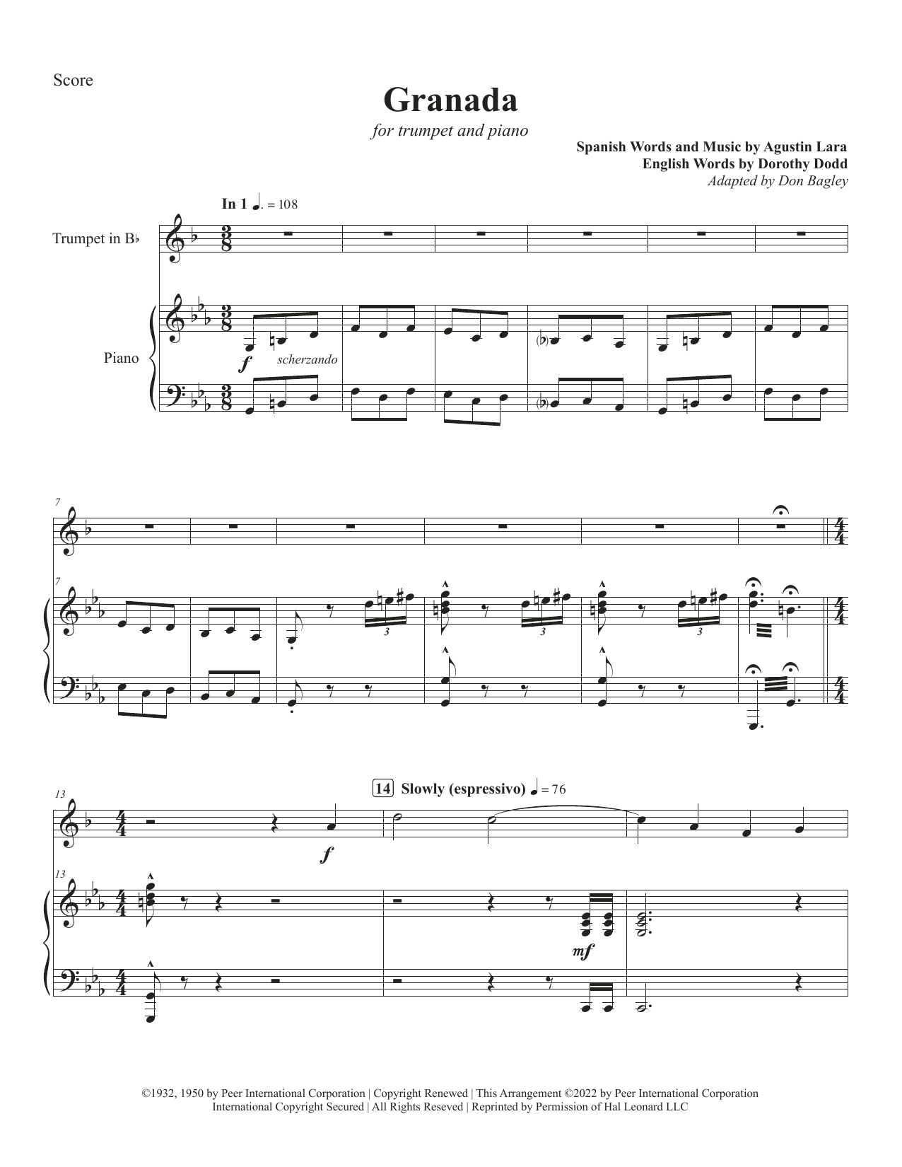 Canadian Brass Granada sheet music notes and chords arranged for Trumpet and Piano