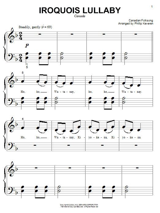 Canadian Folksong Iroquois Lullaby (arr. Phillip Keveren) sheet music notes and chords arranged for Big Note Piano