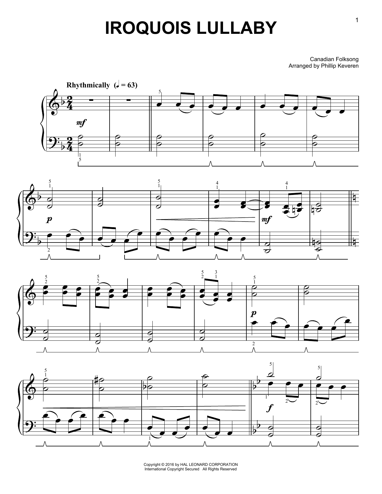 Canadian Folksong Iroquois Lullaby sheet music notes and chords arranged for Easy Piano