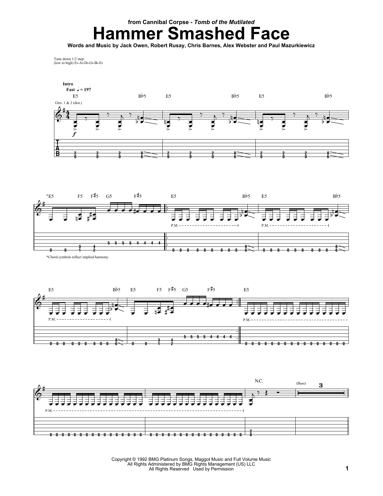 Cannibal Corpse Hammer Smashed Face sheet music notes and chords arranged for Bass Guitar Tab