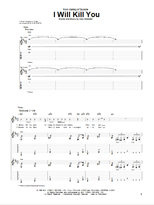 Cannibal Corpse I Will Kill You sheet music notes and chords arranged for Guitar Tab