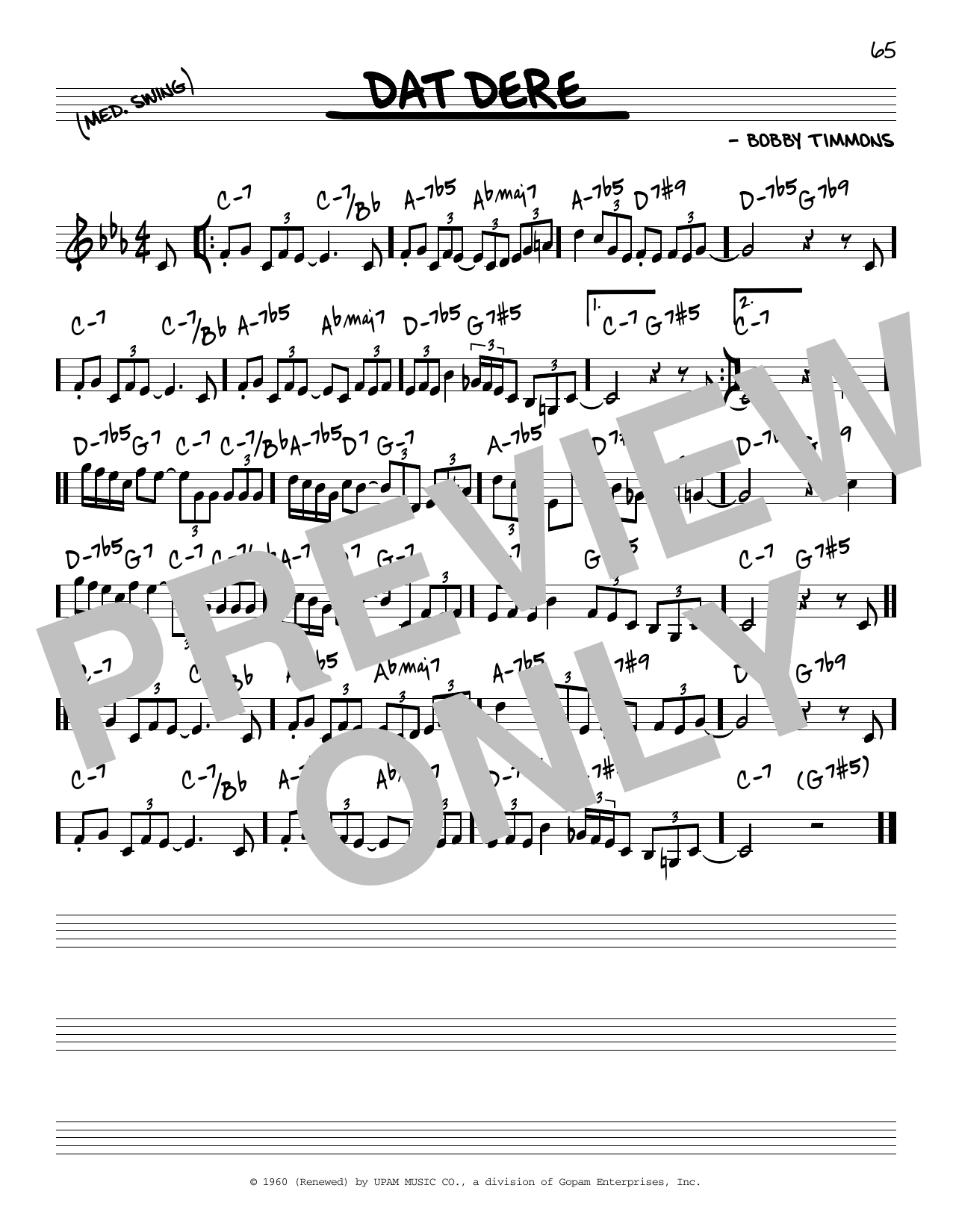 Cannonball Adderley Dat Dere sheet music notes and chords arranged for Piano Solo