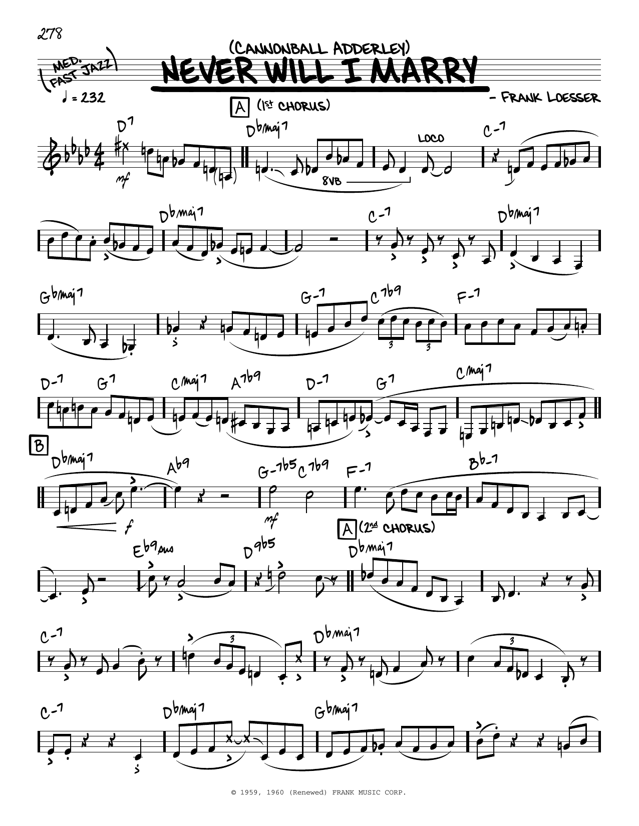 Cannonball Adderley Never Will I Marry (solo only) sheet music notes and chords arranged for Real Book – Melody & Chords