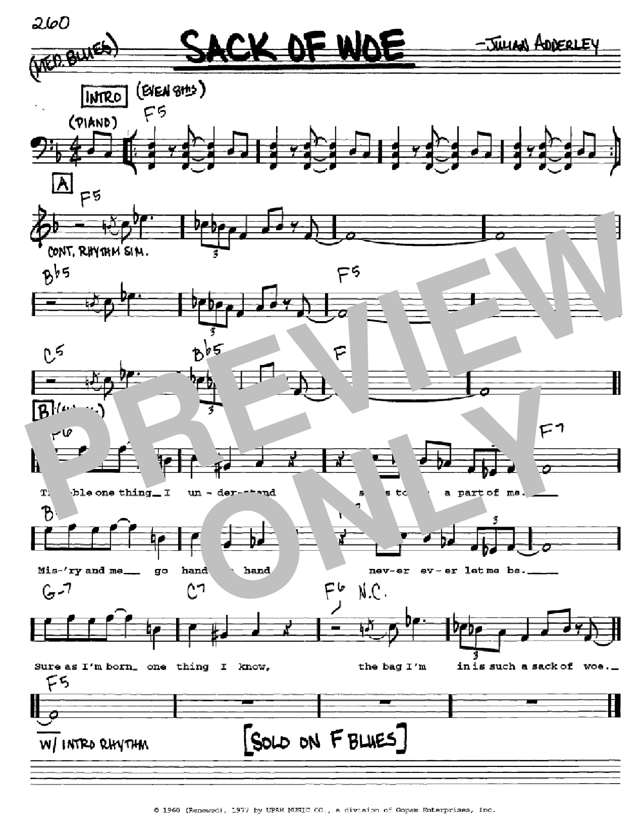 Cannonball Adderley Sack Of Woe sheet music notes and chords arranged for Real Book – Melody, Lyrics & Chords