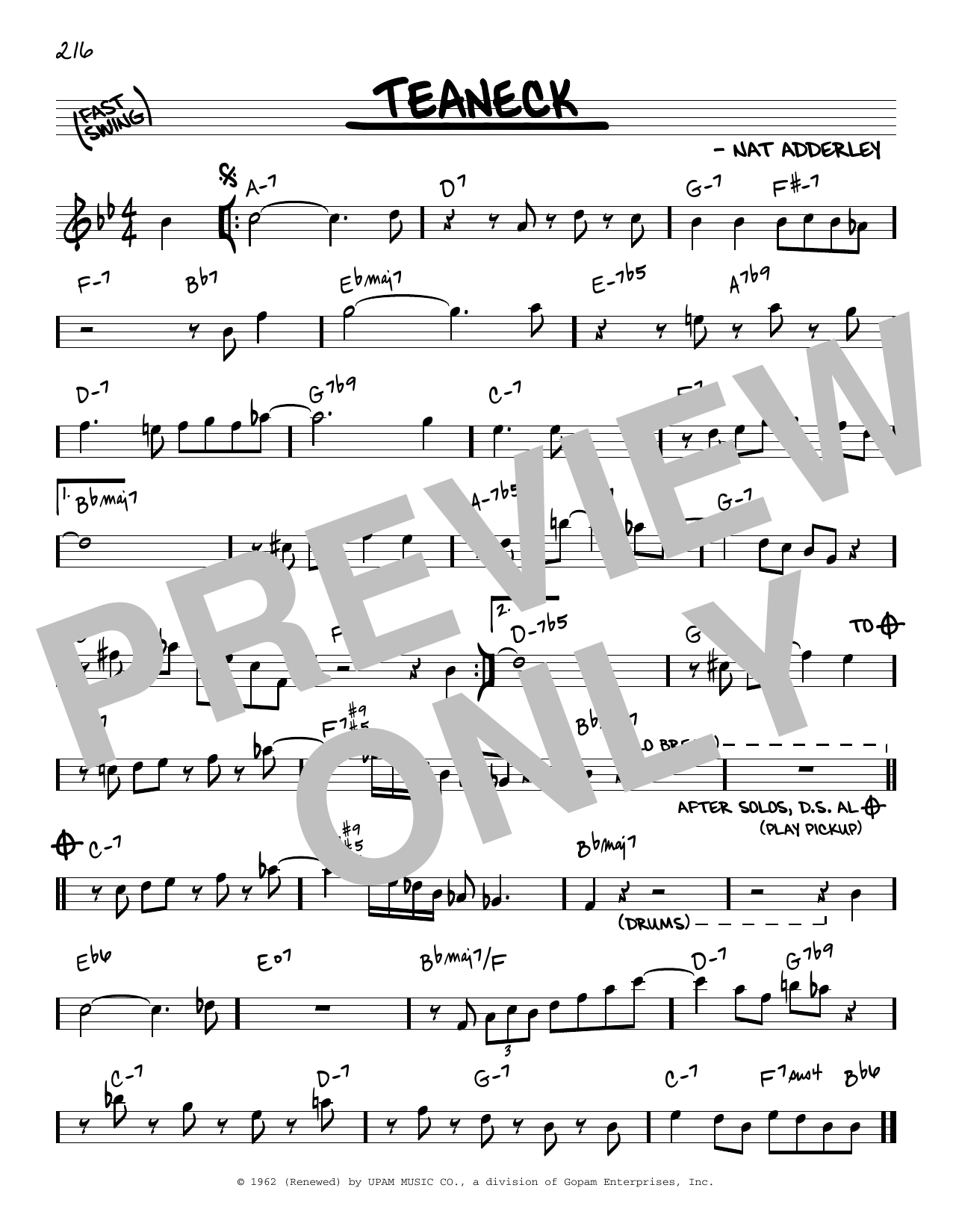 Cannonball Adderley Teaneck sheet music notes and chords arranged for Real Book – Melody & Chords