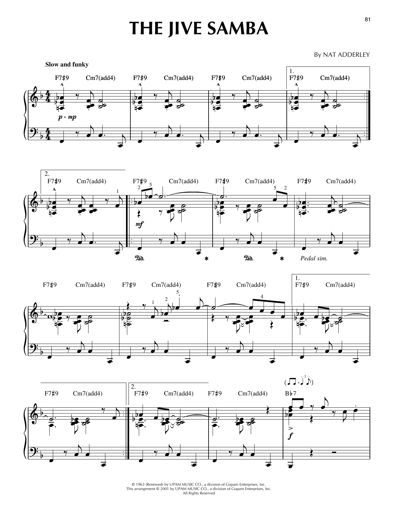 Cannonball Adderley The Jive Samba (arr. Brent Edstrom) [Jazz version] sheet music notes and chords arranged for Piano Solo