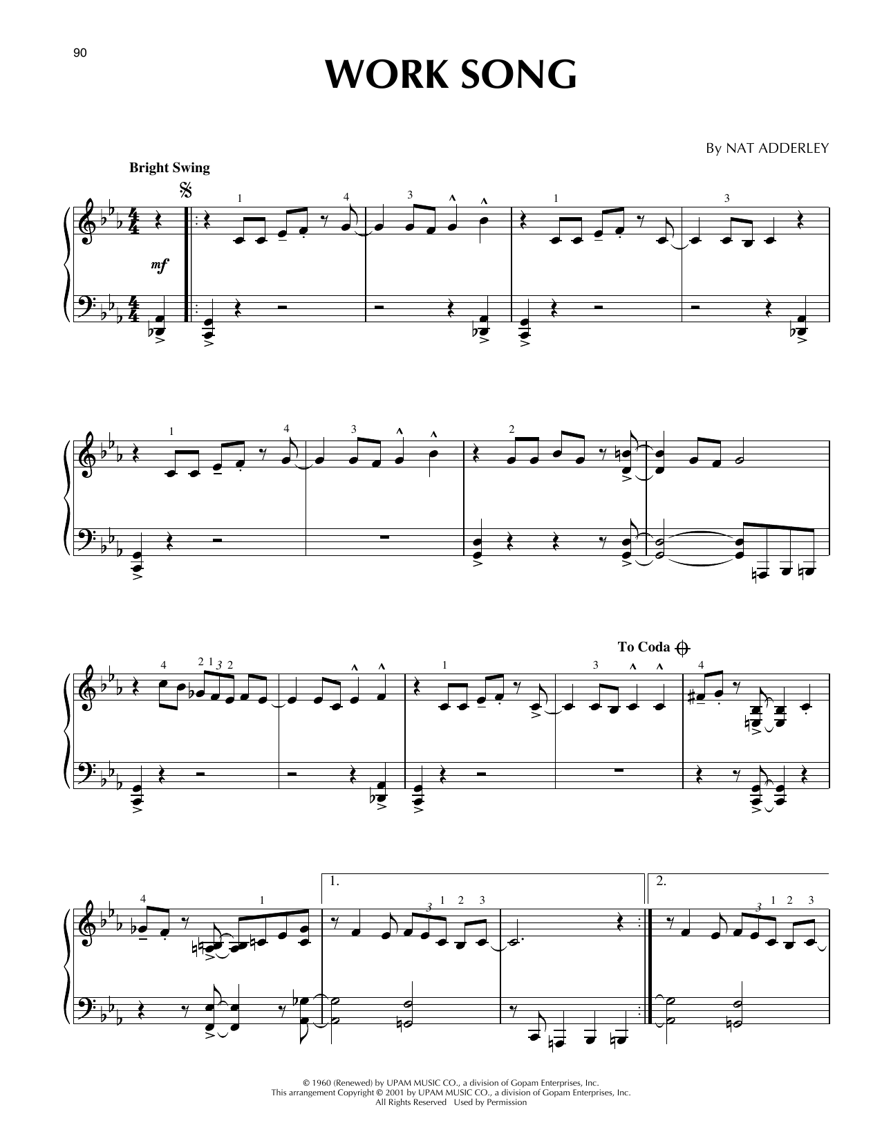 Cannonball Adderley Work Song (arr. Brent Edstrom) sheet music notes and chords arranged for Piano Solo