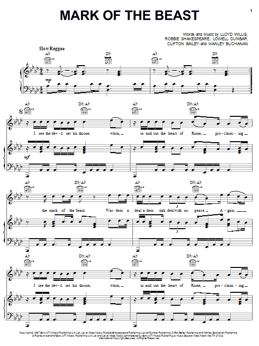 Capleton Mark Of The Beast sheet music notes and chords arranged for Piano, Vocal & Guitar Chords (Right-Hand Melody)
