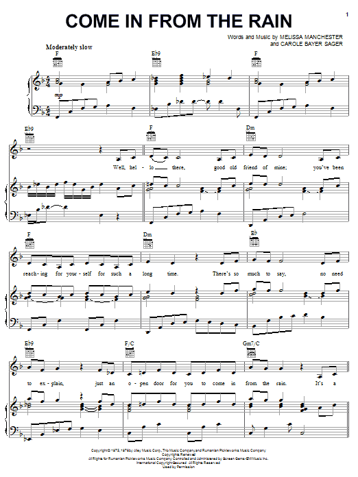 Captain & Tennille Come In From The Rain sheet music notes and chords arranged for Piano, Vocal & Guitar Chords (Right-Hand Melody)