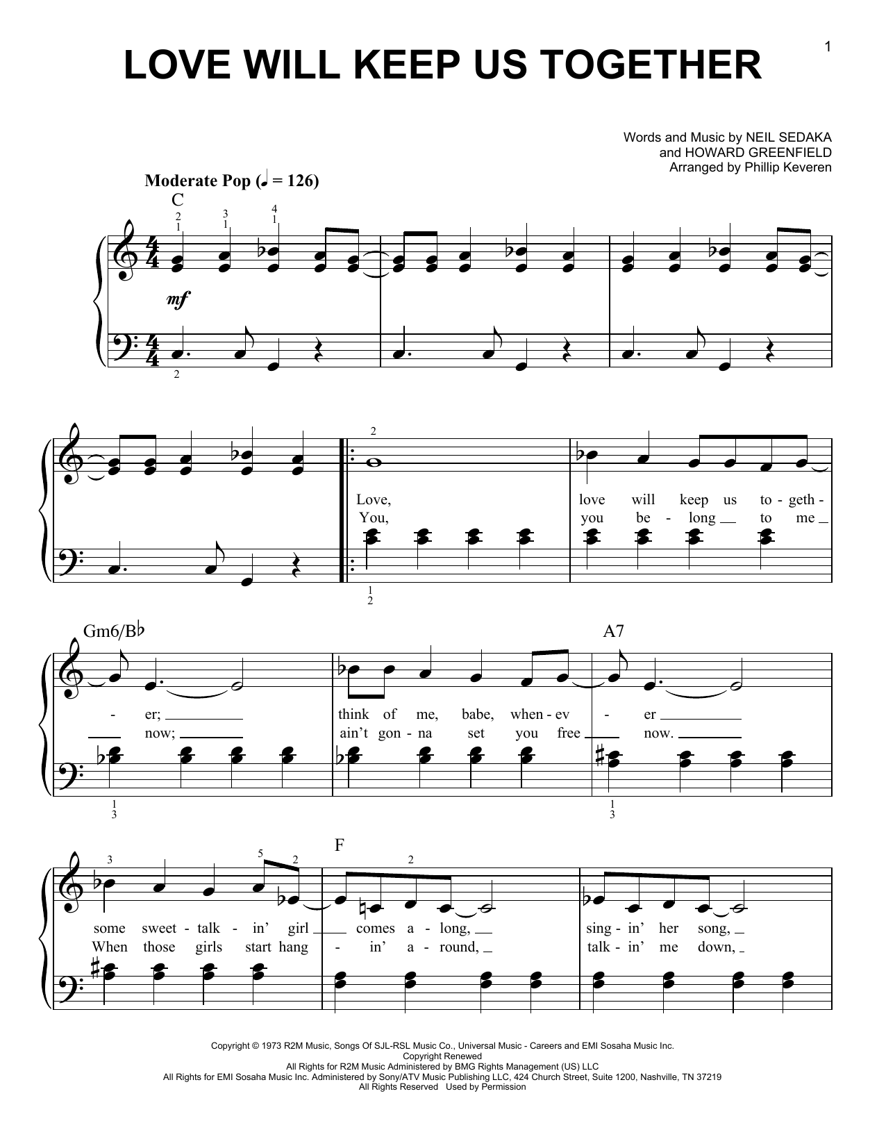 Captain & Tennille Love Will Keep Us Together (arr. Phillip Keveren) sheet music notes and chords arranged for Easy Piano