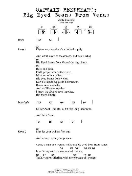 Captain Beefheart Big Eyed Beans From Venus sheet music notes and chords arranged for Guitar Chords/Lyrics