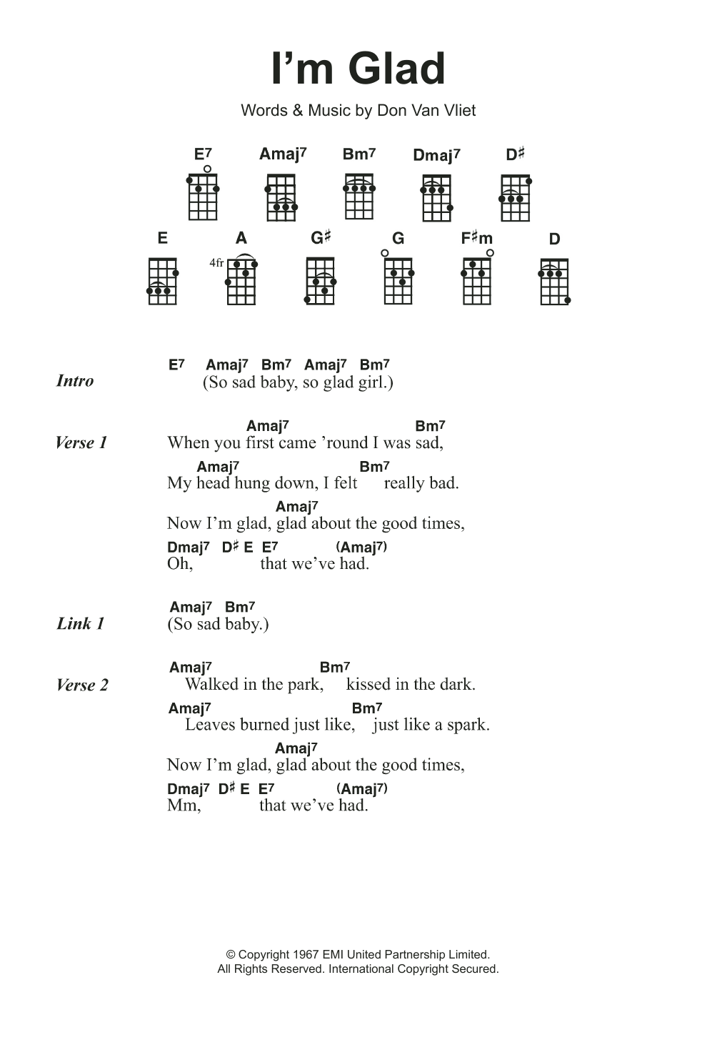 Captain Beefheart I'm Glad sheet music notes and chords arranged for Guitar Chords/Lyrics