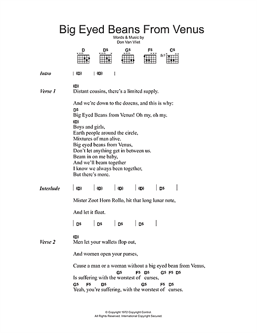 Captain Beefheart Big Eyed Beans From Venus sheet music notes and chords arranged for Guitar Chords/Lyrics