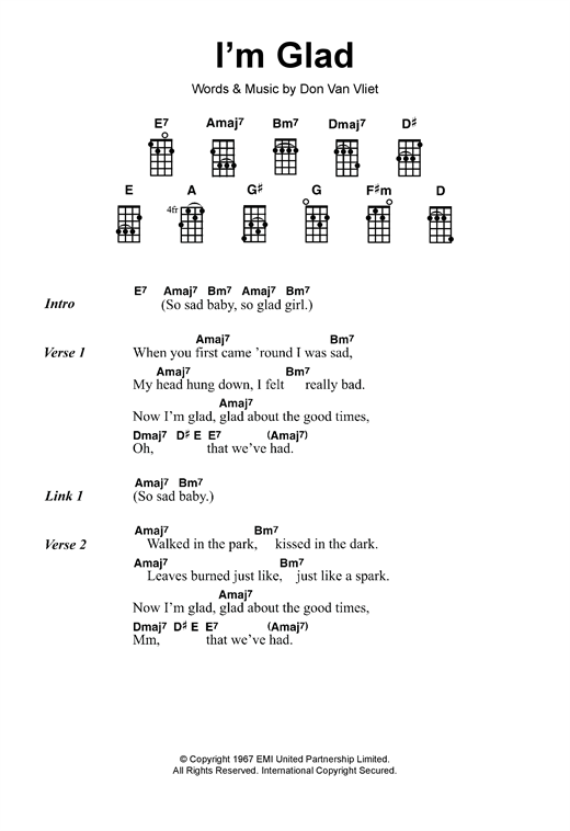 Captain Beefheart I'm Glad sheet music notes and chords arranged for Guitar Chords/Lyrics