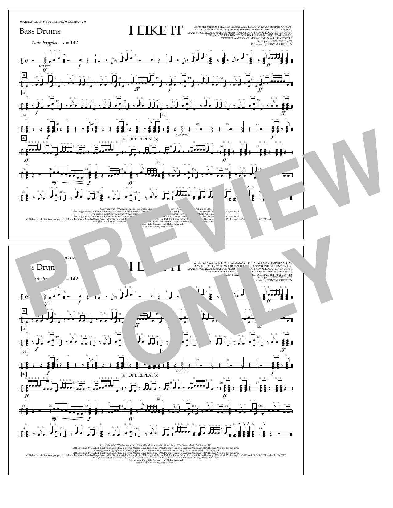 Cardi B, Bad Bunny & J Balvin I Like It (arr. Tom Wallace) - Bass Drums sheet music notes and chords arranged for Marching Band
